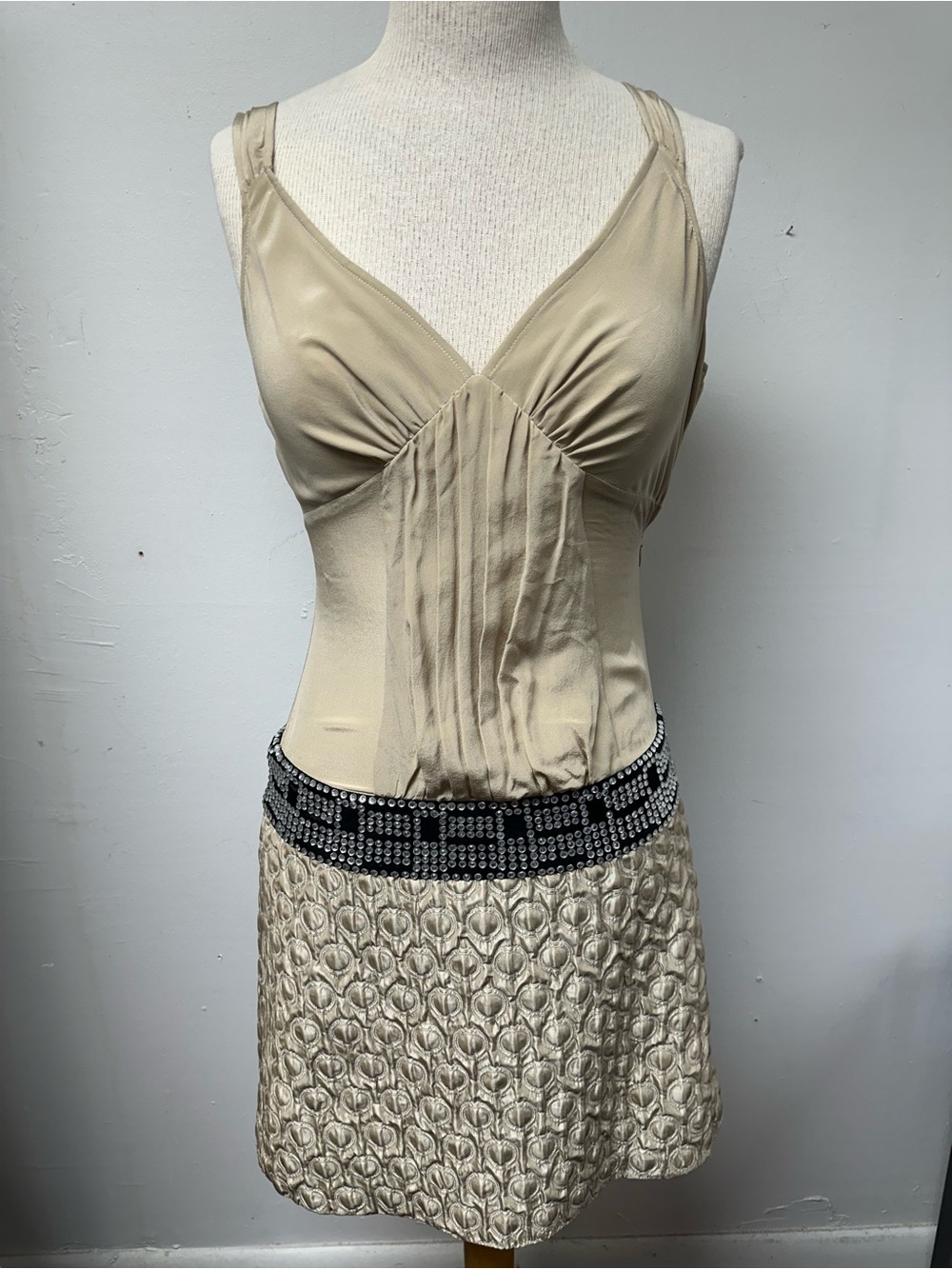 Tracy Reese Cream Mini Dress with Black Beaded Waistband